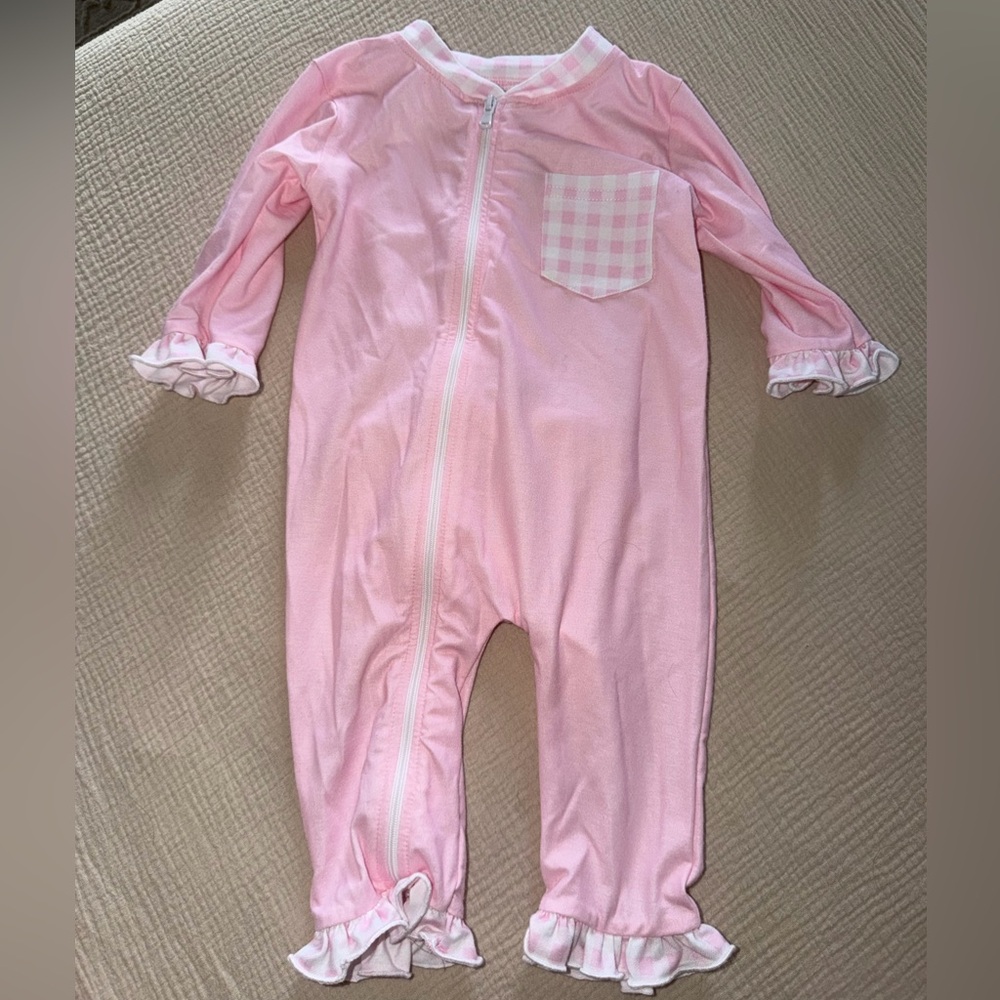 Charming Pink Kids Footie with Gingham Pocket